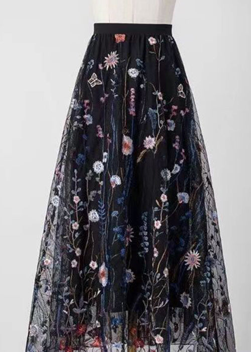 New Black Embroidered High Waist Tulle Skirt Summer