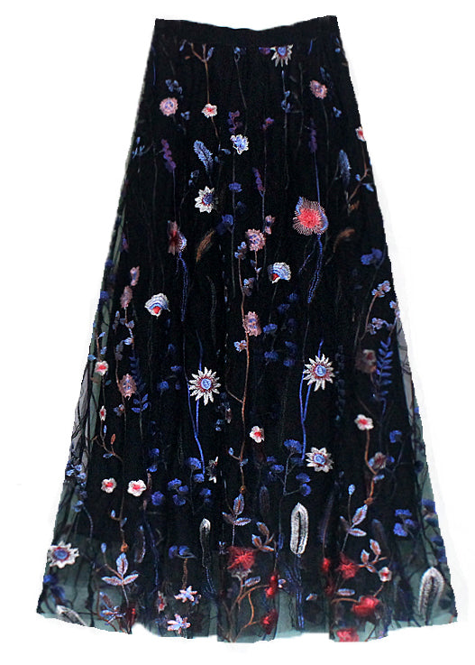 New Black Embroidered High Waist Tulle Skirt Summer