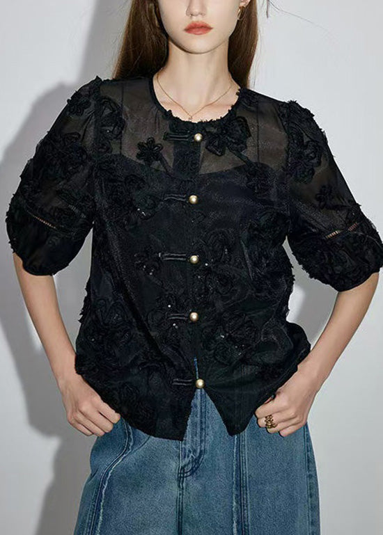New Black Embroidered Oriental Button Cotton Shirts Summer