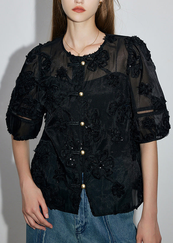 New Black Embroidered Oriental Button Cotton Shirts Summer
