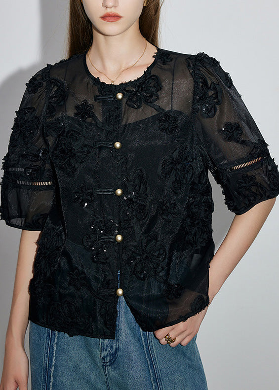 New Black Embroidered Oriental Button Cotton Shirts Summer
