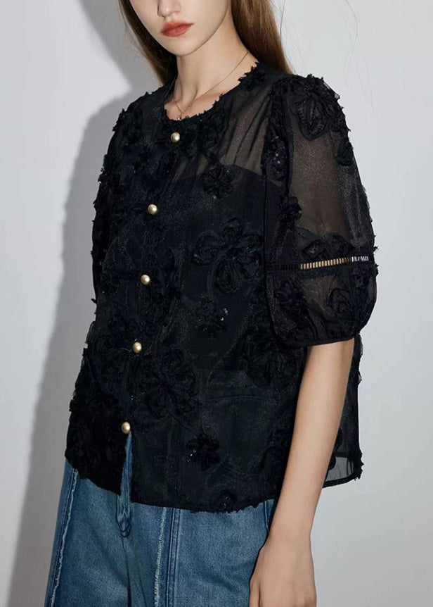 New Black Embroidered Oriental Button Cotton Shirts Summer