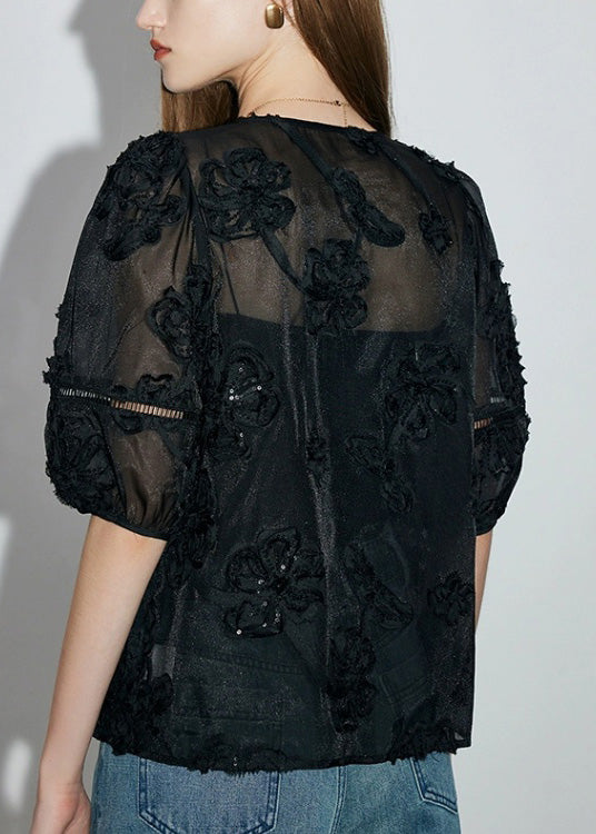 New Black Embroidered Oriental Button Cotton Shirts Summer