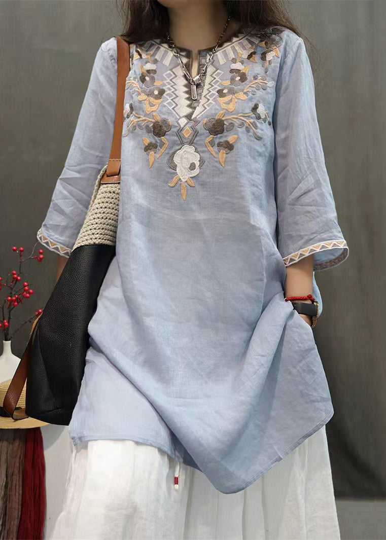 New Black Embroidered Side Open Linen Shirts Half Sleeve