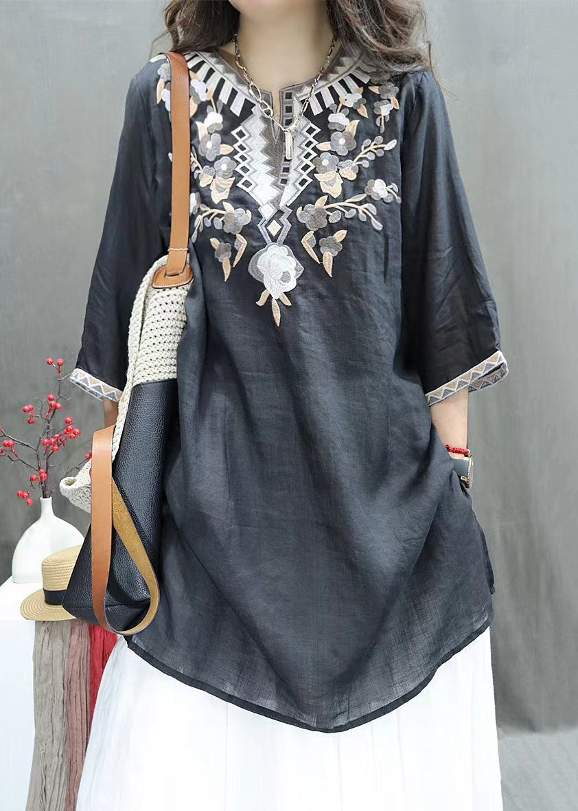 New Black Embroidered Side Open Linen Shirts Half Sleeve