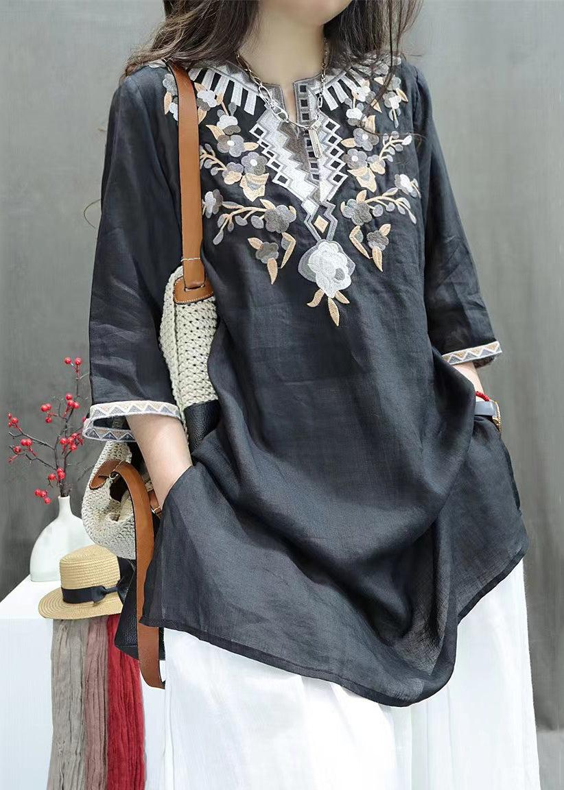 New Black Embroidered Side Open Linen Shirts Half Sleeve