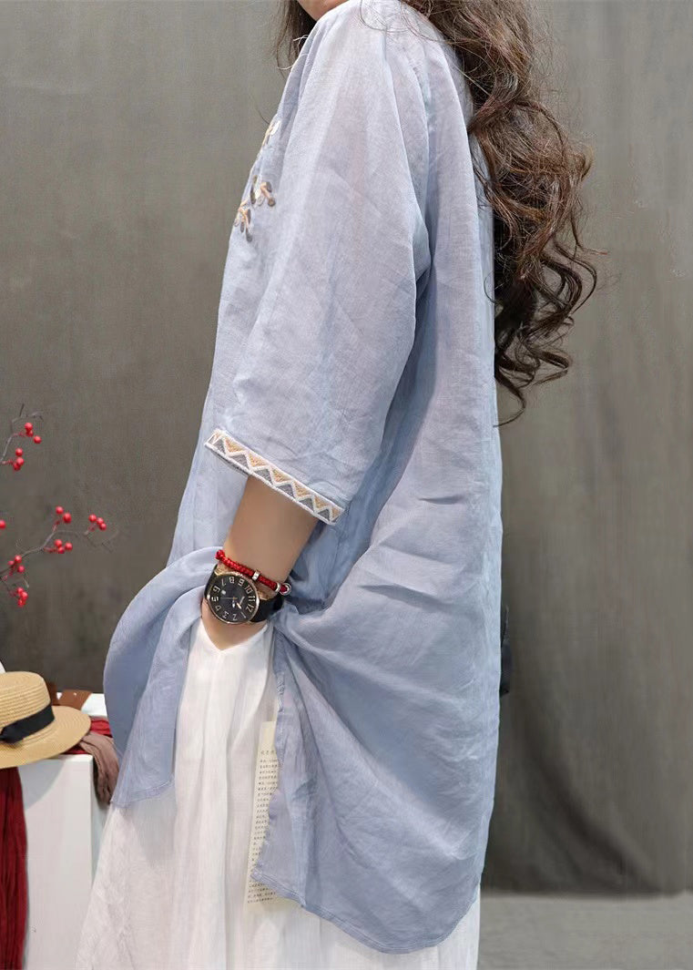 New Black Embroidered Side Open Linen Shirts Half Sleeve