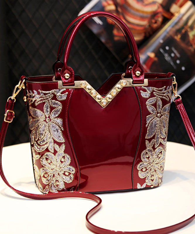 New Black Embroidered Zircon Faux Leather Tote Handbag