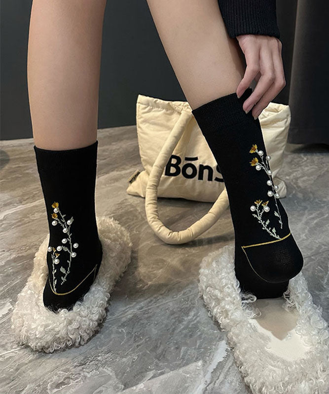 New Black Flower Pearl Stylish Mid Calf Socks