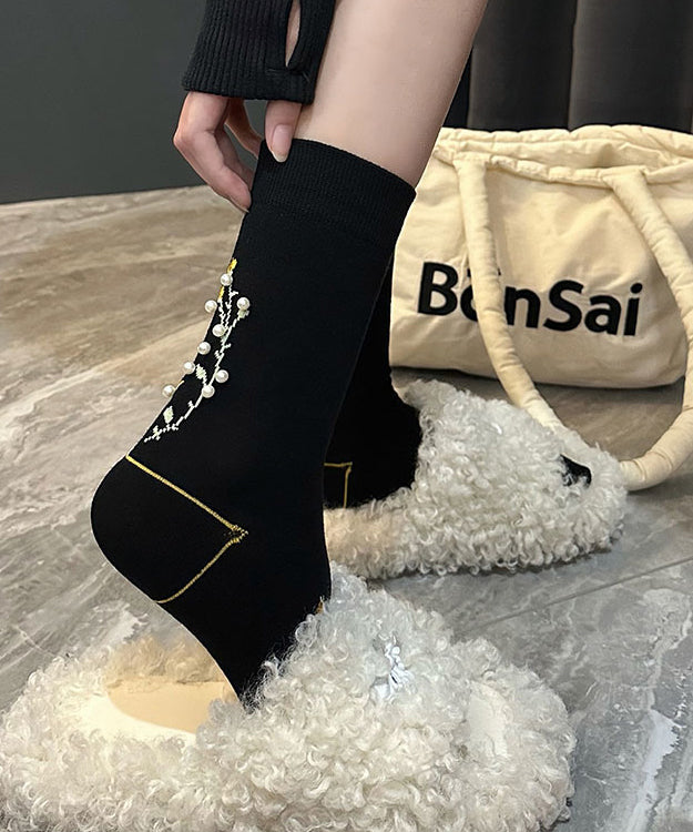 New Black Flower Pearl Stylish Mid Calf Socks