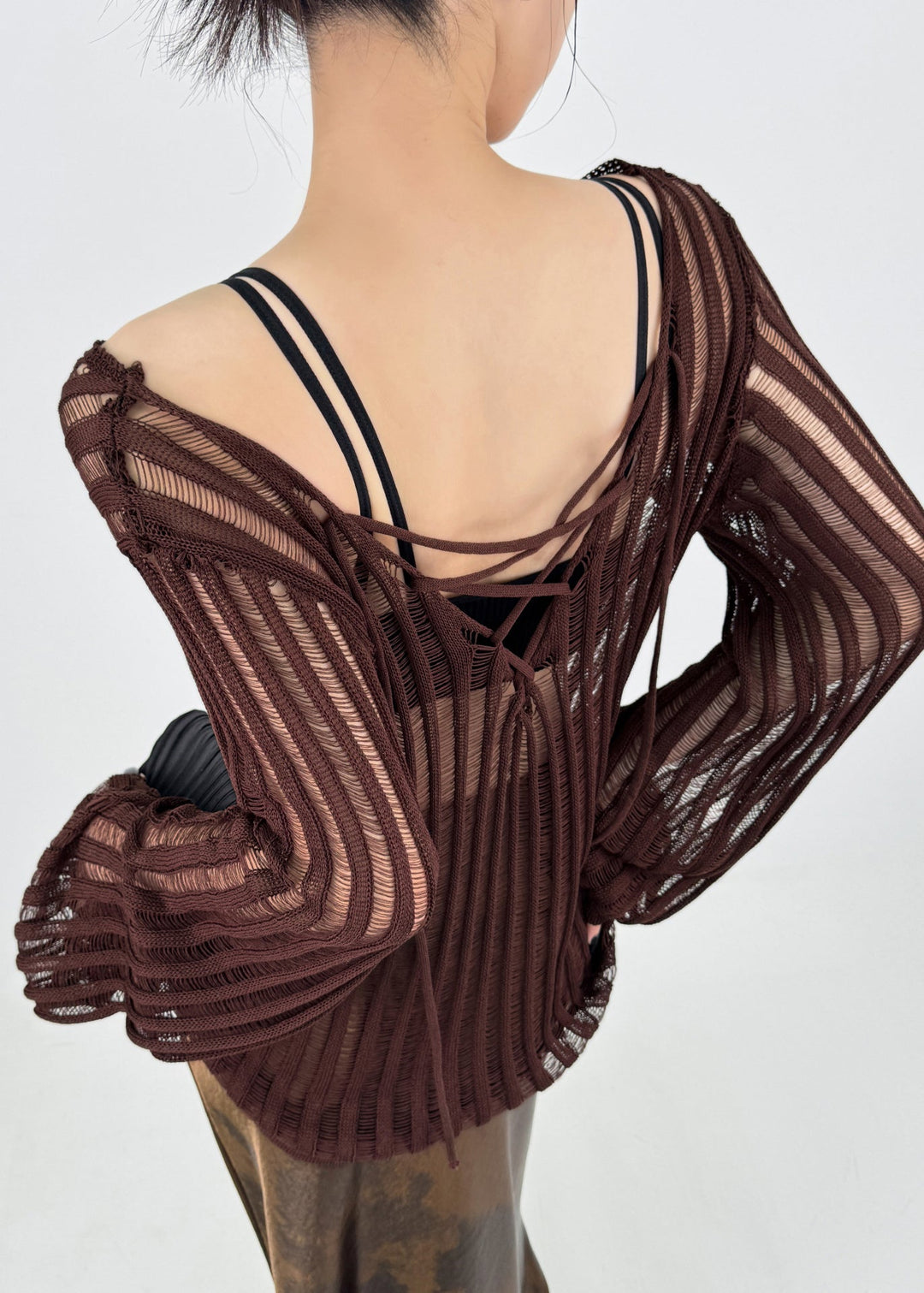 New Black Hollow Out Lace Up Knit Tops Fall