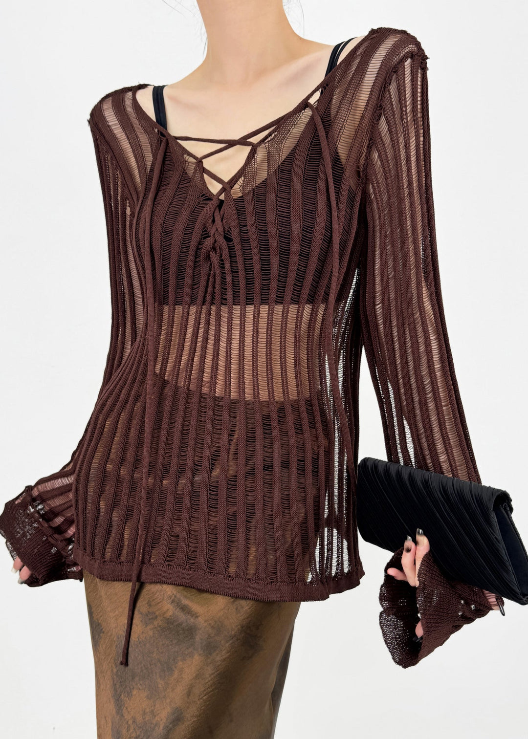 New Black Hollow Out Lace Up Knit Tops Fall