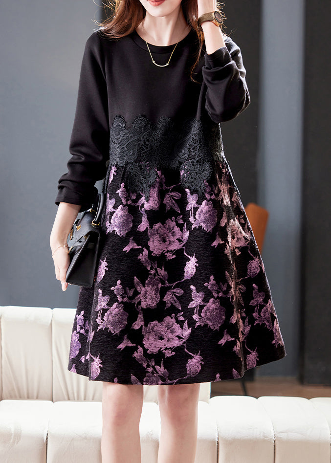 New Black O Neck Lace Patchwork Cotton Dress Fall