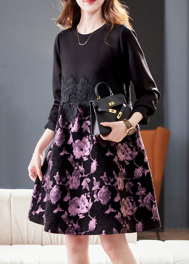 New Black O Neck Lace Patchwork Cotton Dress Fall