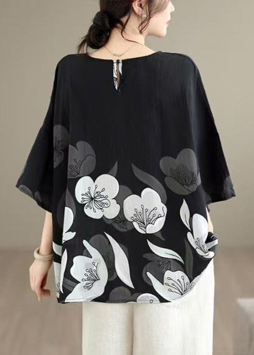 New Black O Neck Print Plus Size Cotton T Shirt Summer