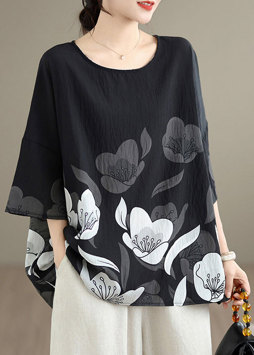 New Black O Neck Print Plus Size Cotton T Shirt Summer