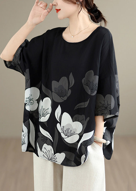 New Black O Neck Print Plus Size Cotton T Shirt Summer