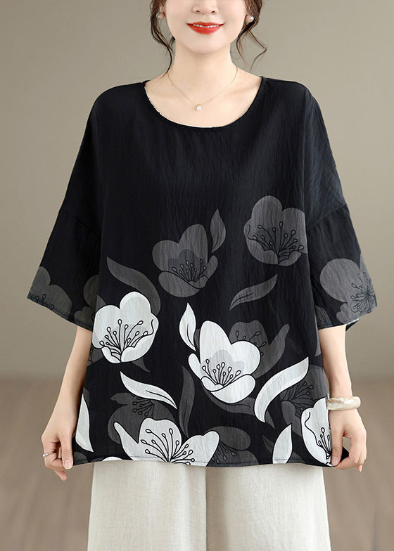 New Black O Neck Print Plus Size Cotton T Shirt Summer