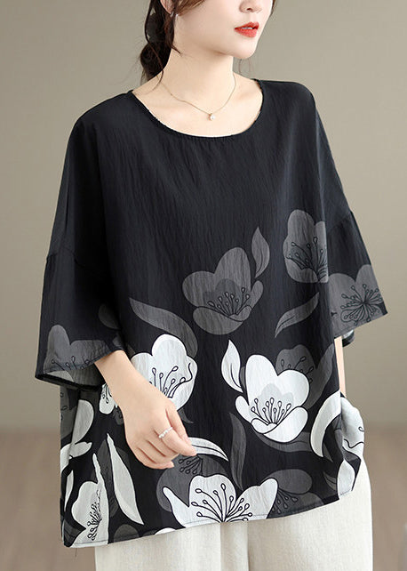 New Black O Neck Print Plus Size Cotton T Shirt Summer