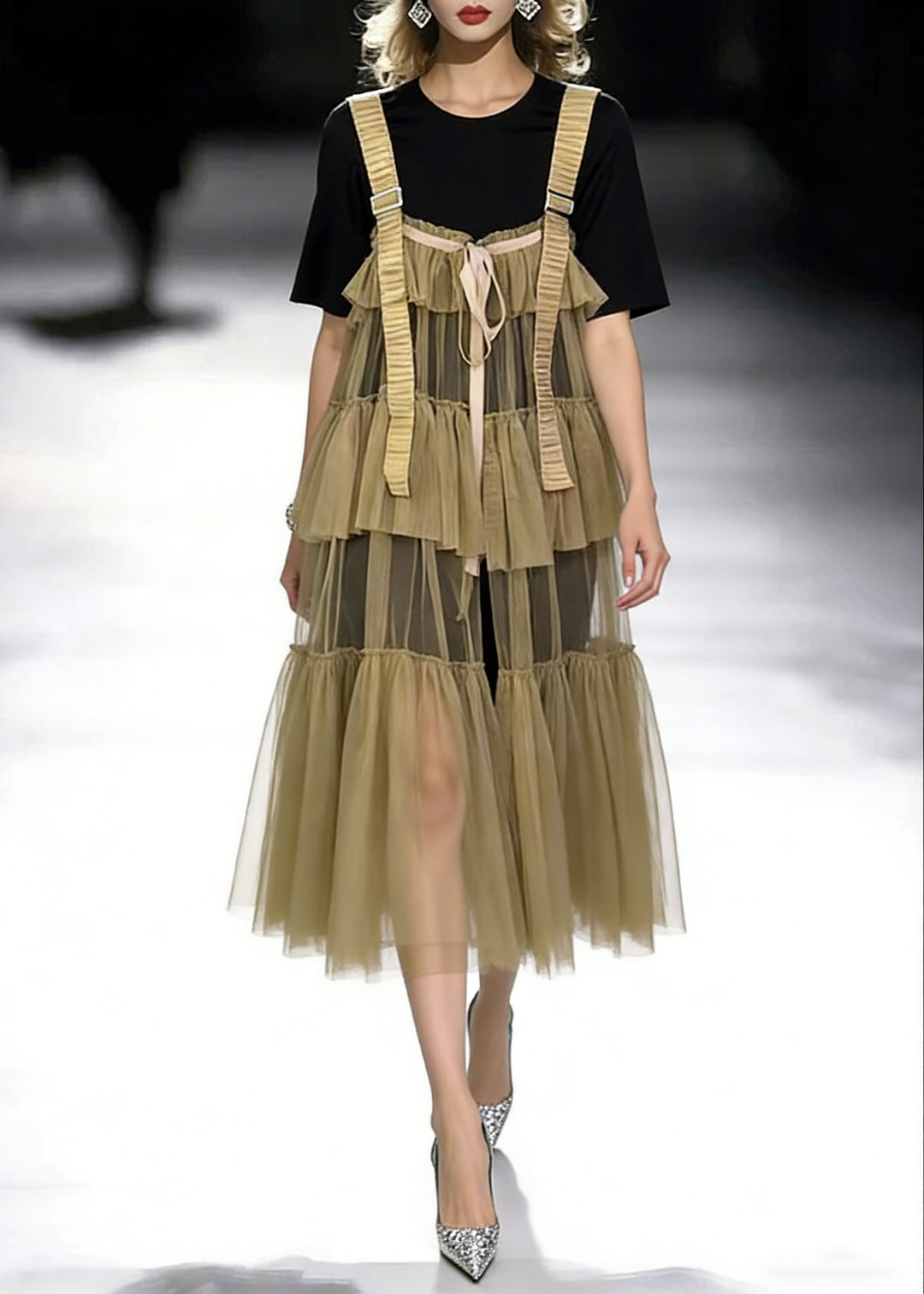 New Black O-Neck T Shirt And Khaki Wrinkled Tulle Dress Two Pieces Set Summer - Omychic