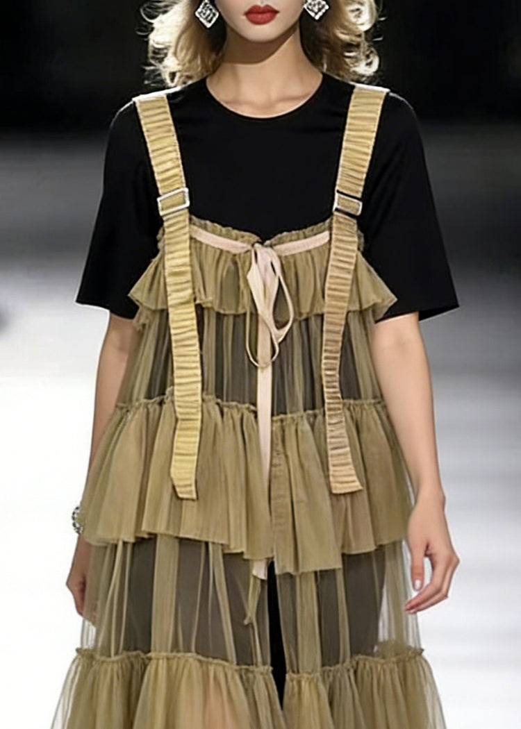 New Black O-Neck T Shirt And Khaki Wrinkled Tulle Dress Two Pieces Set Summer - Omychic