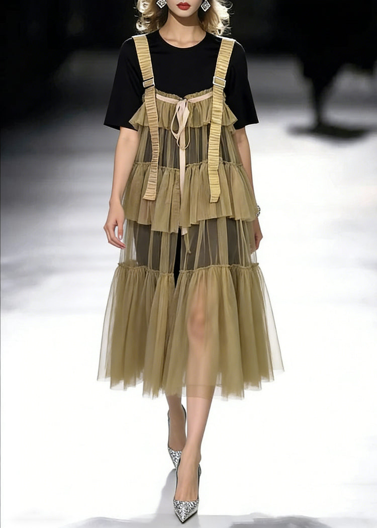New Black O-Neck T Shirt And Khaki Wrinkled Tulle Dress Two Pieces Set Summer - Omychic