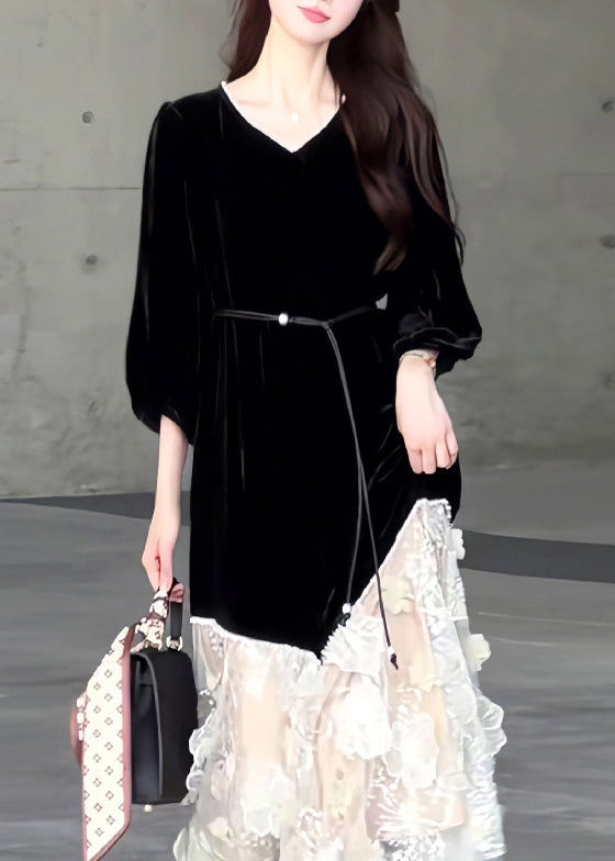 New Black O Neck Tulle Patchwork Velvet Long Dresses Fall