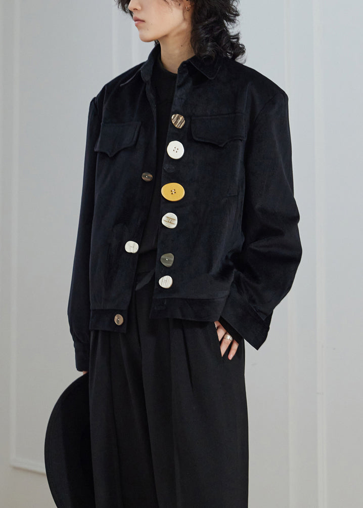 New Black Peter Pan Collar Button Pockets Corduroy Jackets Fall