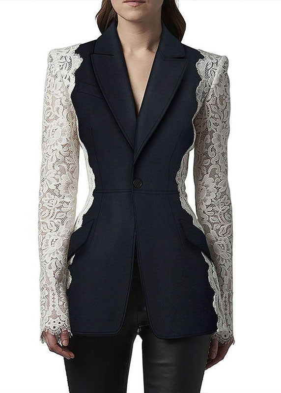 New Black Peter Pan Collar Lace Patchwork Cotton Suit Coats Fall