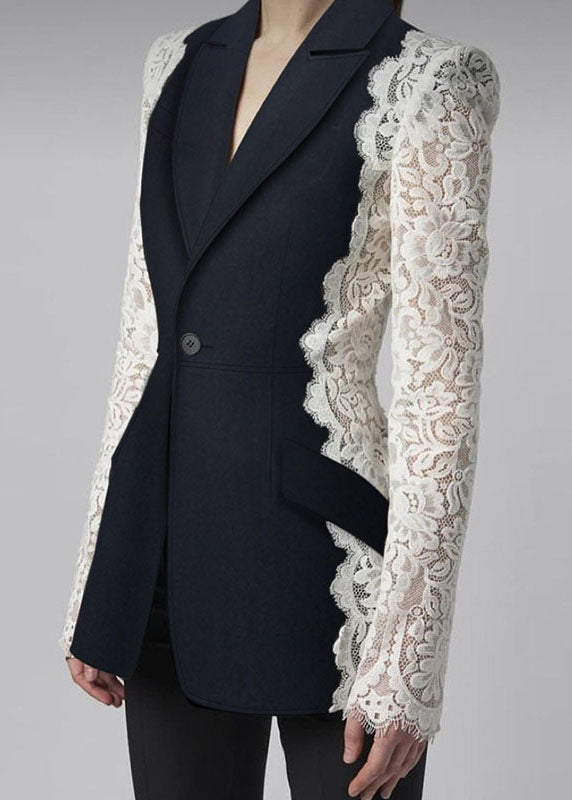 New Black Peter Pan Collar Lace Patchwork Cotton Suit Coats Fall