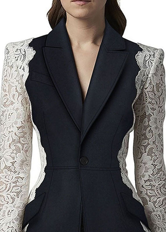 New Black Peter Pan Collar Lace Patchwork Cotton Suit Coats Fall