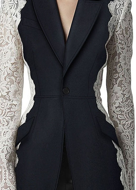 New Black Peter Pan Collar Lace Patchwork Cotton Suit Coats Fall