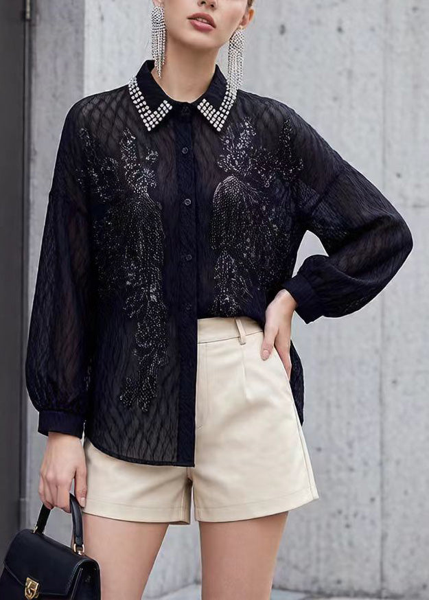 New Black Peter Pan Collar Nail Bead Sequins Shirt Tops Spring - Omychic