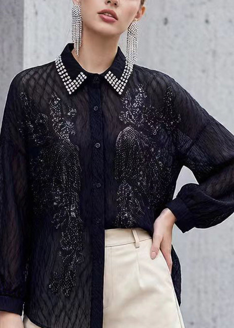 New Black Peter Pan Collar Nail Bead Sequins Shirt Tops Spring - Omychic