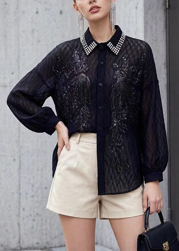 New Black Peter Pan Collar Nail Bead Sequins Shirt Tops Spring - Omychic