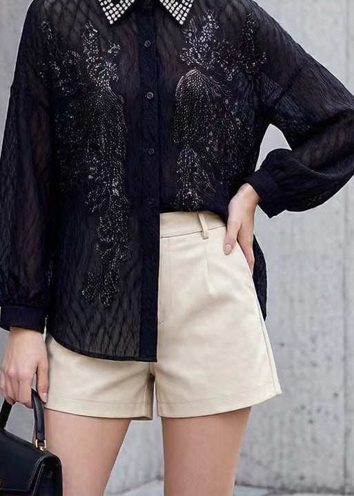 New Black Peter Pan Collar Nail Bead Sequins Shirt Tops Spring - Omychic