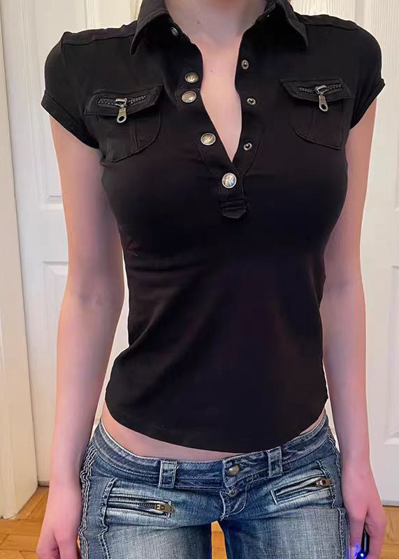 New Black Peter Pan Collar Pockets Patchwork Cotton Tops Summer