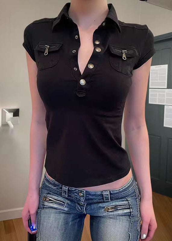 New Black Peter Pan Collar Pockets Patchwork Cotton Tops Summer