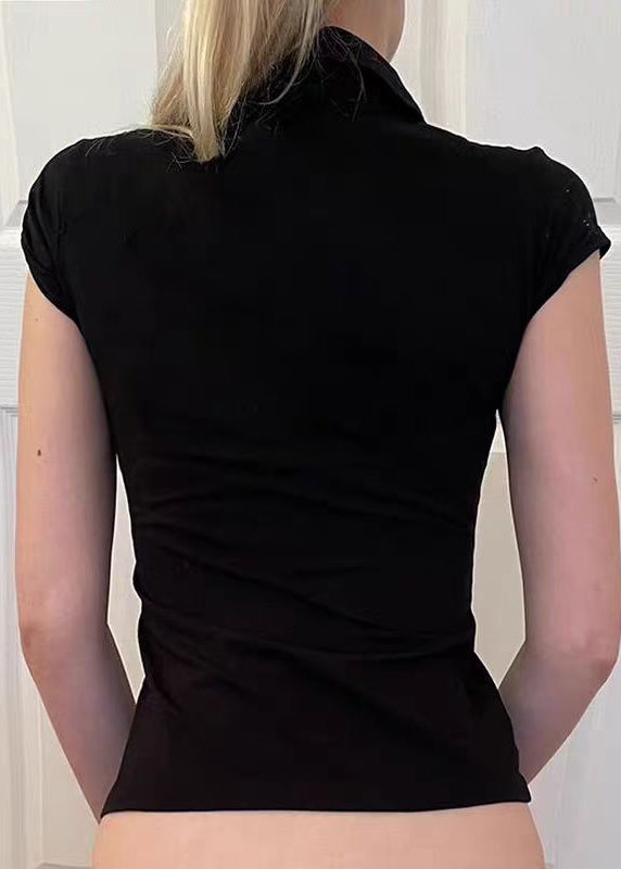 New Black Peter Pan Collar Pockets Patchwork Cotton Tops Summer