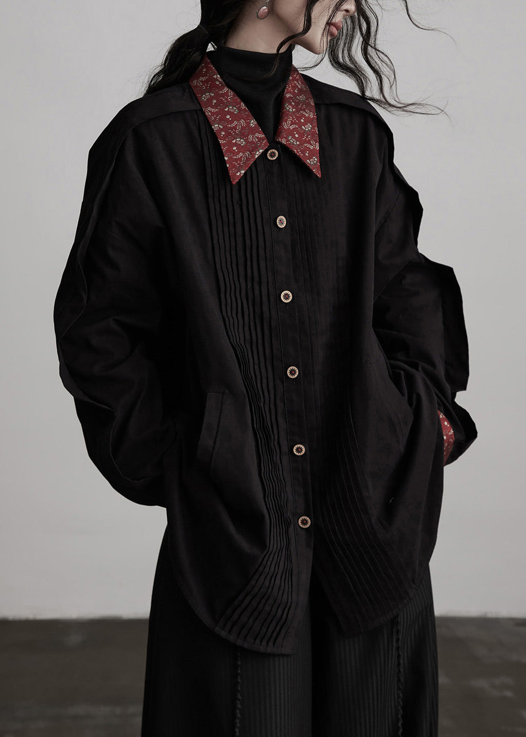 New Black Peter Pan Collar Wrinkled Patchwork Cotton Shirts Top Fall