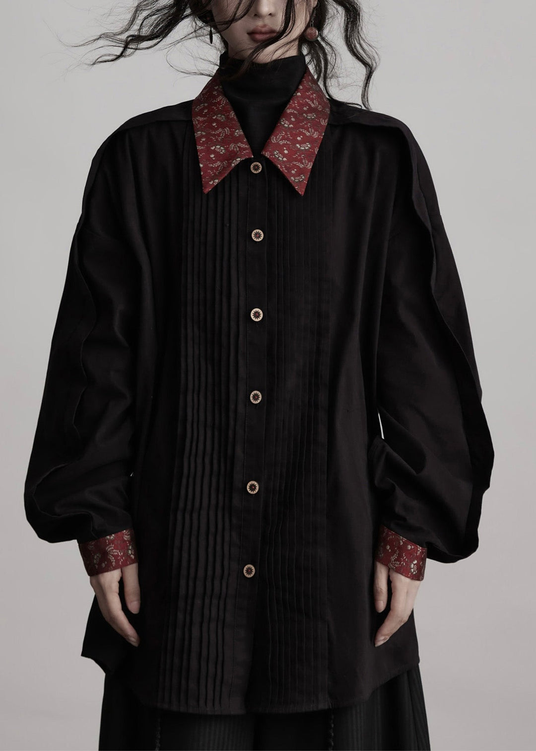 New Black Peter Pan Collar Wrinkled Patchwork Cotton Shirts Top Fall