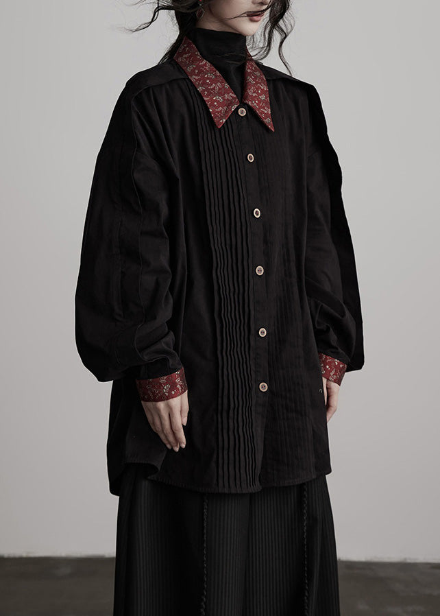 New Black Peter Pan Collar Wrinkled Patchwork Cotton Shirts Top Fall