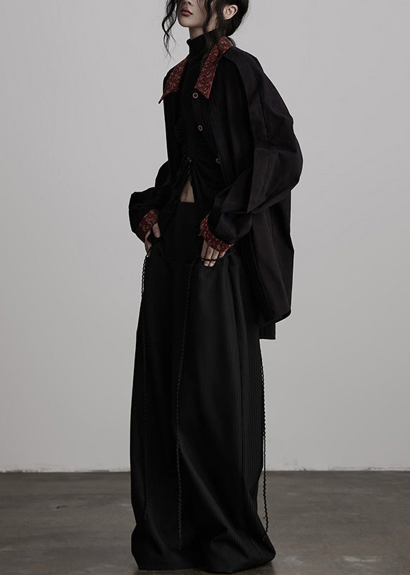 New Black Peter Pan Collar Wrinkled Patchwork Cotton Shirts Top Fall