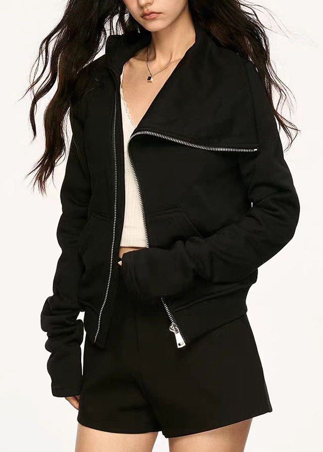 New Black Peter Pan Collar Zip Up Pockets Cotton Coats Fall