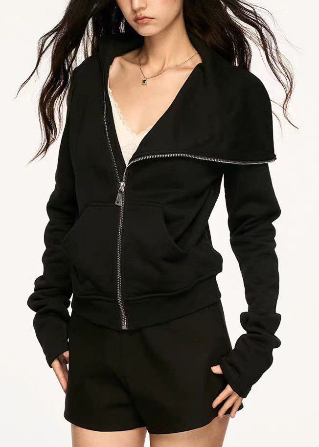 New Black Peter Pan Collar Zip Up Pockets Cotton Coats Fall