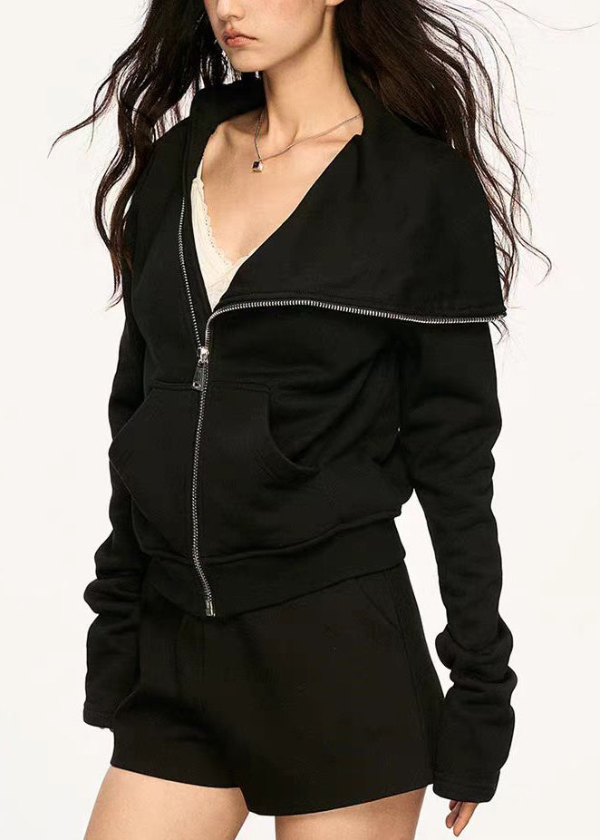 New Black Peter Pan Collar Zip Up Pockets Cotton Coats Fall