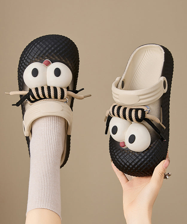 New Black Platform Soled Slippers With Big Eyes Hollow Out