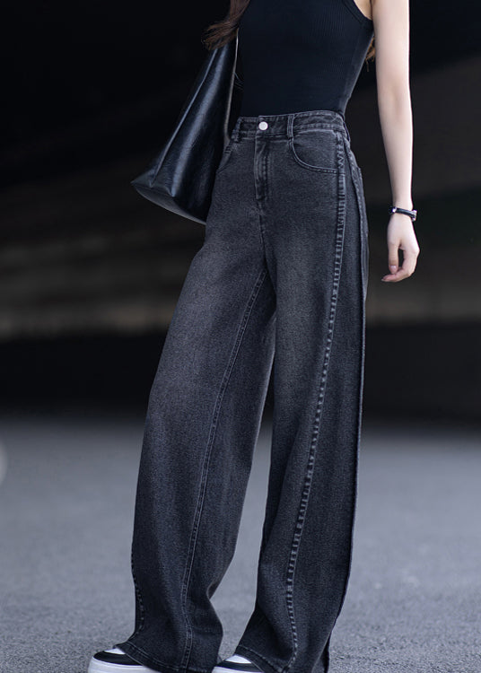 New Black Pockets Patchwork Denim Wide Leg Pants Spring