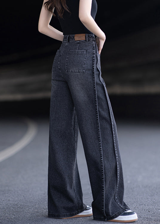 New Black Pockets Patchwork Denim Wide Leg Pants Spring