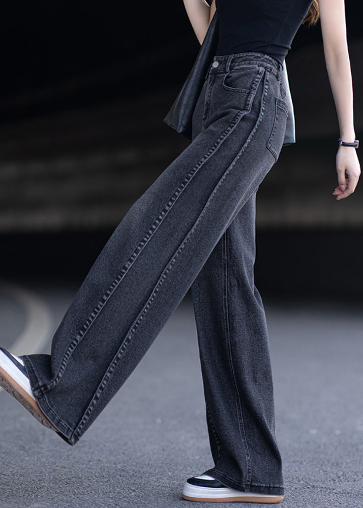 New Black Pockets Patchwork Denim Wide Leg Pants Spring